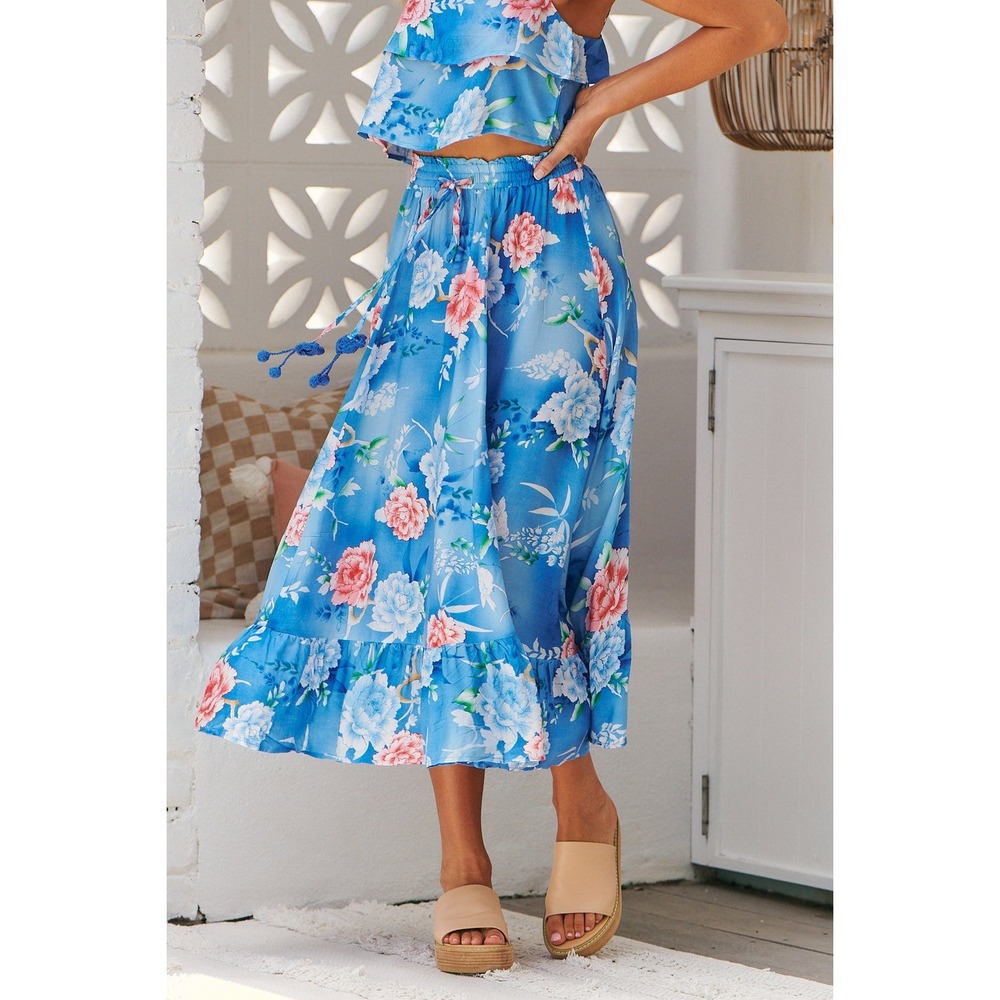 Jaase Vela Blue Floral Drawstring Maxi Skirt Size XS Cottagecore Beach Resort